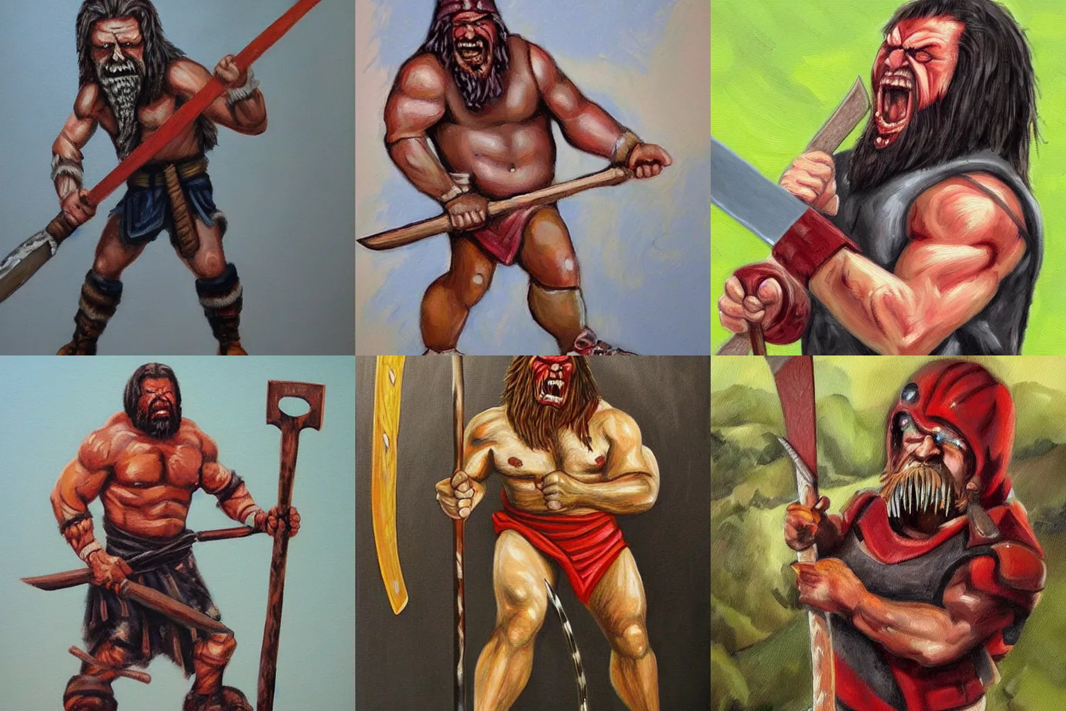 Prompt: angry human barbarian raising an axe. Detailed, realistic painting in the style of Horley, Alex