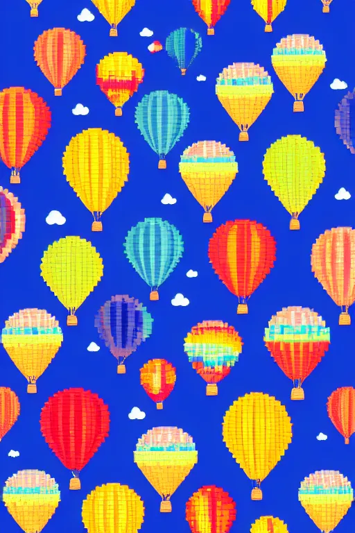 Image similar to repeating seamless retro pixel pattern of hot air balloons in beautiful sky, colourful, symmetrical, repeating 35mm photography, ultra fine detail, 4k high definition, bold