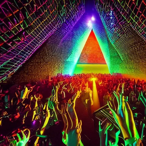 Image similar to the interior of an egyptian pyramid, modern, edm party inside