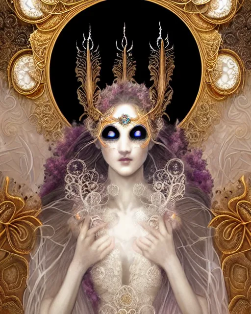 Image similar to beautiful ethereal maiden in a ivory masquerade mask intricate ornate fractal-lace and gemstones, wearing stunning ivory dress, ivory gold iridescent, full view, soft lighting, vivid, Hyperdetailed, 4k hd matte painting by Artgerm, Greg Rutkowski, Klimt, James Jean, 8k resolution, enchanting and otherworldly, Artstation, CGsociety, detailed, front view