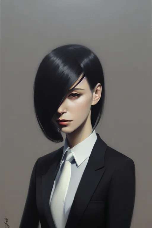 Image similar to a ultradetailed beautiful portrait panting of a stylish woman wearing a black loose fit suit with a tie, oil painting, by ilya kuvshinov, greg rutkowski and makoto shinkai, trending on artstation