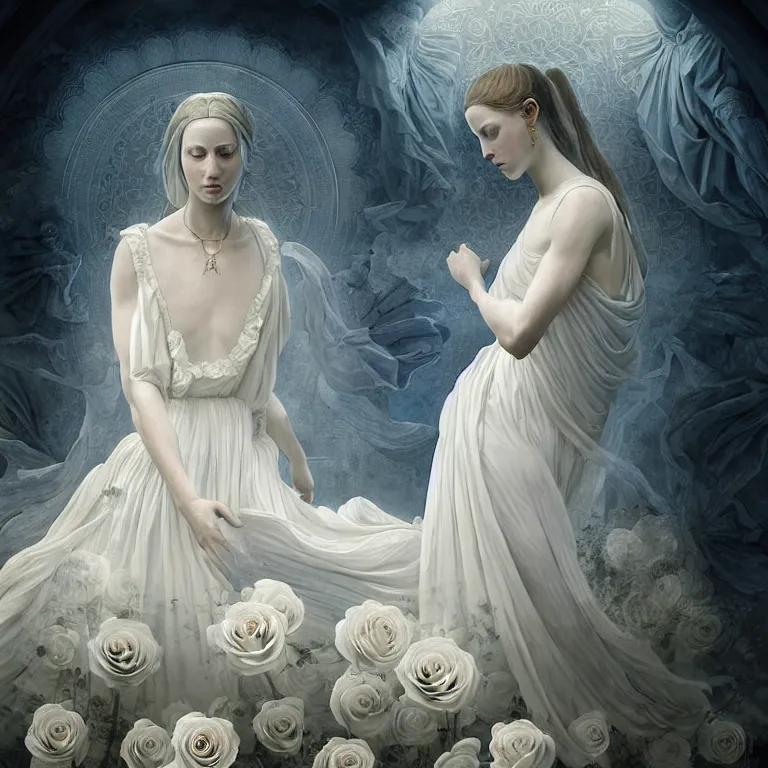 Image similar to renaissance professional digital art of wonderful symmetrical goddess with a majestic semi transparent white roses cotton dress, blue atmospheric light, dramatic lighting, cinematic, painted, intricate, detailed, foreboding, by art by meredit frampton and gregory crewdson, epic, stunning, gorgeous, much wow, cinematic, masterpiece.