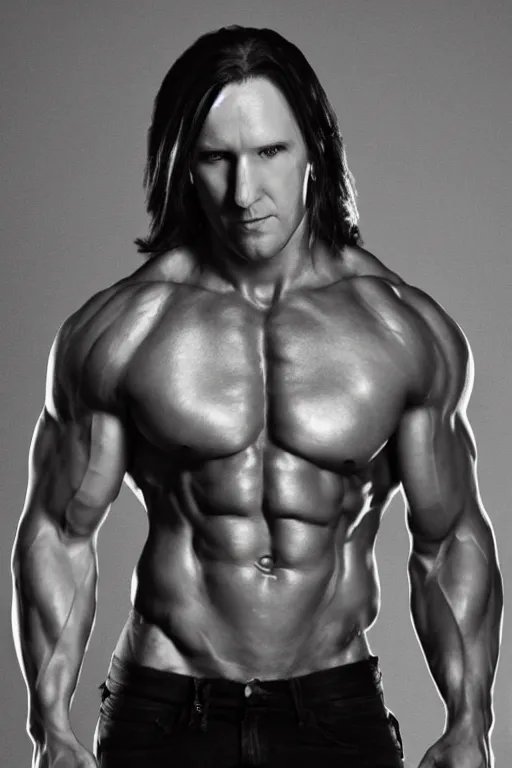 Image similar to Matthew Mercer is a jacked muscle builder gigachad, grayscale photography