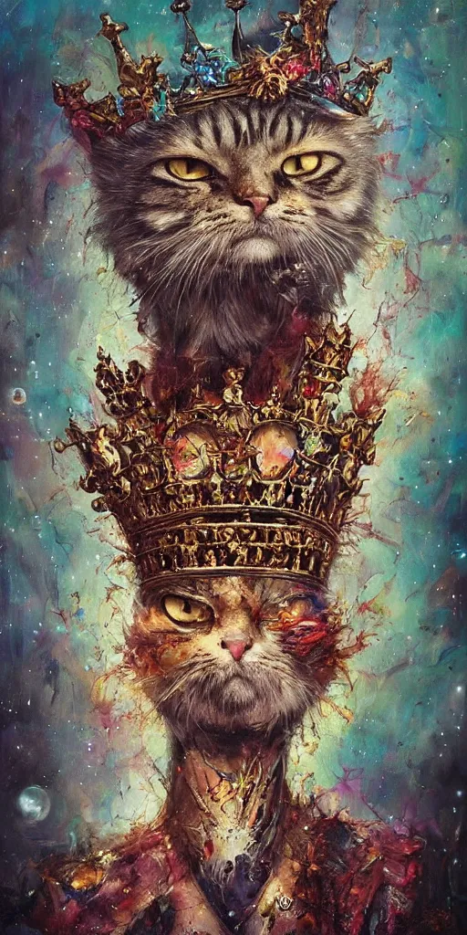 Image similar to a humanoid king old cat with a crown, Atmospheric beautiful by Stanley Artgerm, Tom Bagshaw, Arthur Adams, Carne Griffiths, trending on Deviant Art, street art, chillwave, maximalist, full of color, glittering, 8k, hd