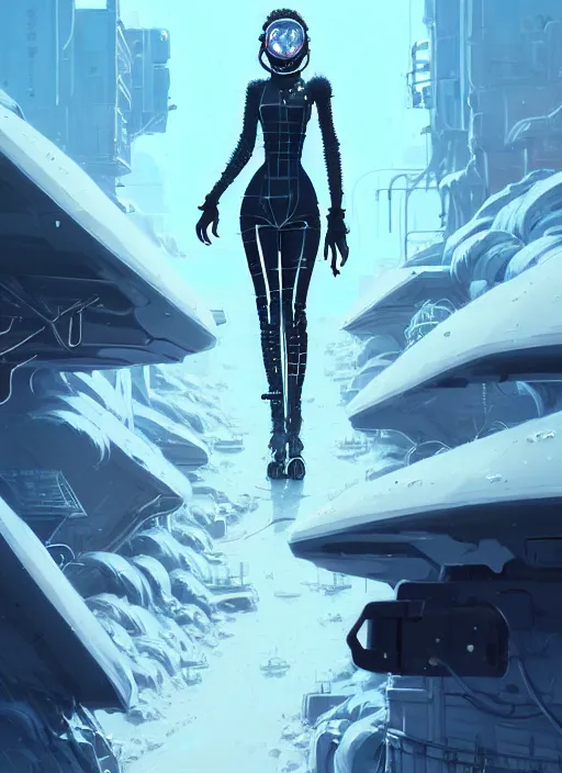 Image similar to highly detailed portrait of wasteland punk long curly white icey shard hair cyber ninja lady, stray wiring by atey ghailan, james gilleard, by joe fenton, by greg rutkowski, by greg tocchini, by kaethe butcher, 4 k resolution, gradient blue, cyan, black and white color scheme!!! ( ( snowy glaciated robotic dystopian city background ) )