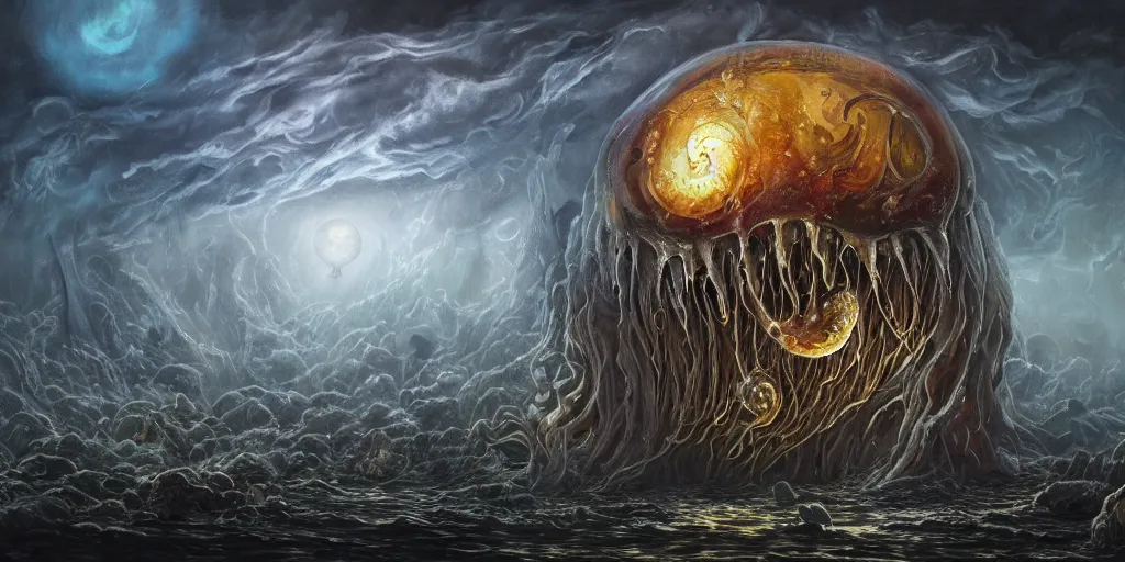 Image similar to concept art of giant translucent jellyfishes, lovecraftian, lots of teeth, melting horror, round moon, rich clouds, fighting the horrors of the unknown, high resolution, very detailed, roaring, volumetric light, mist, grim, fine art, decaying, textured oil over canvas, epic fantasy art, very colorful, ornate, anato finnstark