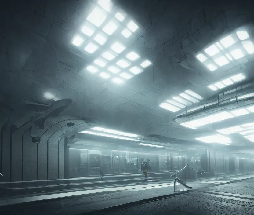 Prompt: Futuristic subway station , gloomy and foggy atmosphere, octane render, artstation trending, horror scene, highly detailded