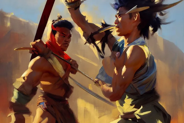 Image similar to greg manchess painting of a filipino wrestler with a sword, organic painting, sunny day, matte painting, bold shapes, hard edges, street art, trending on artstation, by huang guangjian, gil elvgren, ruan jia, randy vargas, greg rutkowski