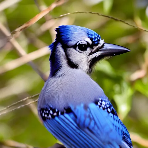 Prompt: blue jay with spaghetti in beak