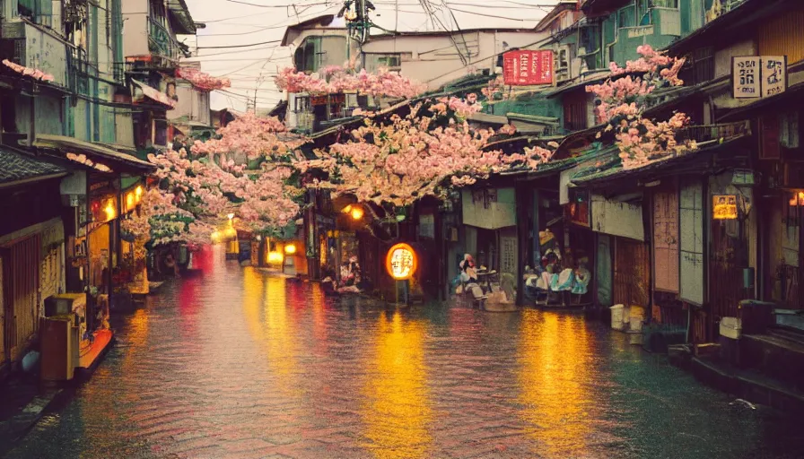 Prompt: a Wes Anderson 35mm film still of a very surreal magic small mountain town, like Jiufen, Kyoto, and Paris, golden hour, clean, falling cherry blossom pedals, in the style of Gucci, James Jean color palette, glowing warm lights and floating lanterns, foggy atmosphere, rainy, moody, muted colors, magic details, high detail, high resolution, 8k, cinematic look, octane render, psychedelic,