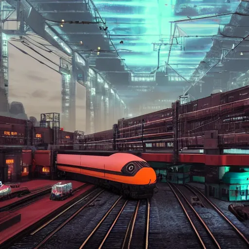 Image similar to photo of Immense industrial futuristic cargo train arrives at cyber punk city station, cinematic lighting,