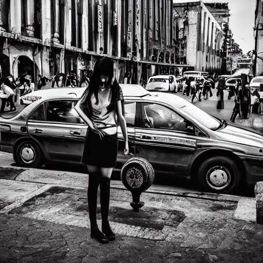 Prompt: beautiful woman standing alone in mexico city with taxi cabs and busy streets, artstation