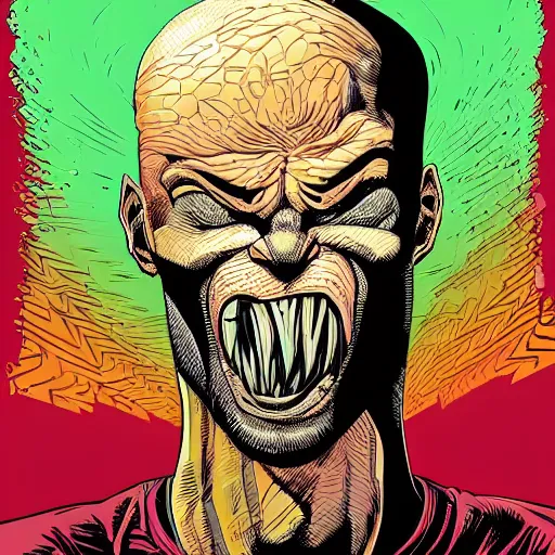 Prompt: by laurie greasley energetic. a beautiful painting of a giant head. the head is bald & has a big nose. the eyes are wide open & have a crazy look. the mouth is open & has sharp teeth. the neck is long & thin.