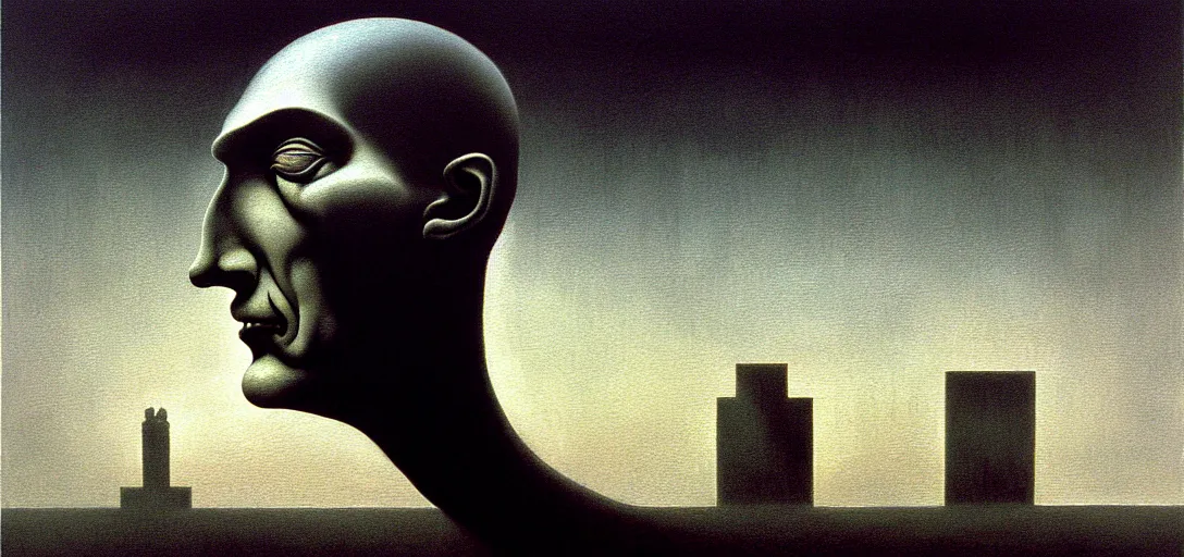 Prompt: deep shadows horror dystopian surreal painting of an eerie head statuesurrounded by buildings by zdzisław beksinski