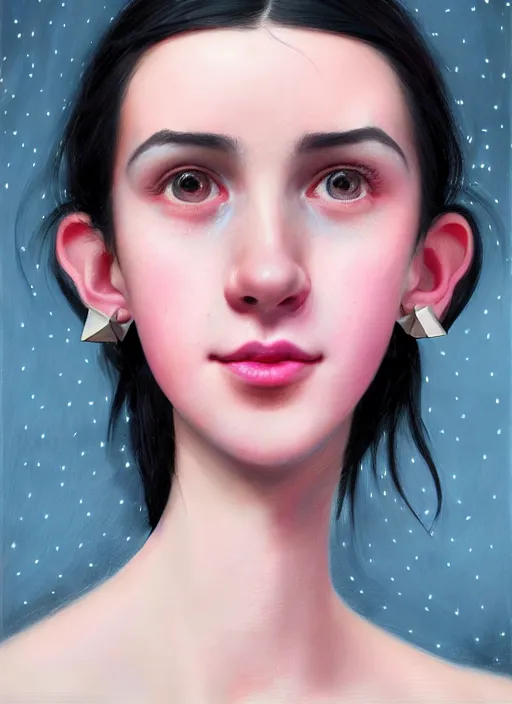 Image similar to portrait of teenage girl, realistic, black hair, bangs, half updo hairstyle, pointy nose, skinny, smile, ugly, defined jawline, big chin, pink hair bow, earrings, intricate, elegant, glowing lights, highly detailed, digital painting, artstation, sharp focus, illustration, art by wlop, mars ravelo and greg rutkowski