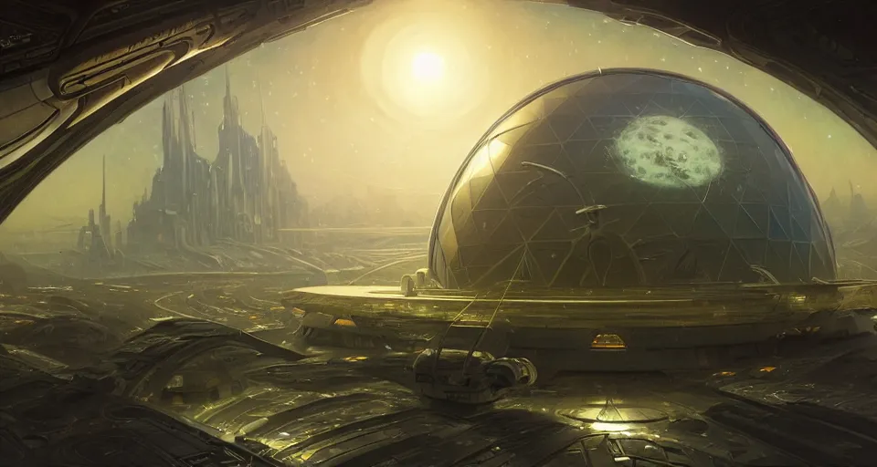 Image similar to cinematic shot, futuristic city on the moon inside a giant geodesic dome, utopian, night, stars, digital painting, artstation, concept art, smooth, sharp focus, illustration, intricate, elegant, highly detailed, in the style of greg rutkowski and alphonse mucha and artemisia, 8 k, highly detailed, jurgens, rutkowski