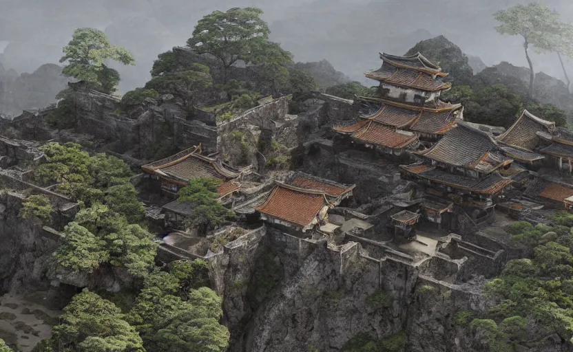 Image similar to highly detailed render of old, ruined, japanese fort from sengoku period, surrounded by dense rock formations, high in mountains, overcast weather, environment concept art, photobash, unreal engine render, nanite