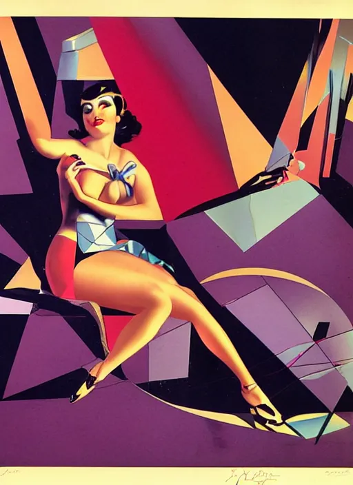 Image similar to laser girl pinup, by rolf armstrong, cubist synthwave