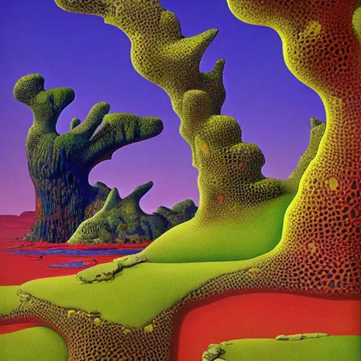 Image similar to striking colours vivid gaps holes neonothopanus creatures landscape hi - res art by roger dean, valley art jagged arches reflections art by michael whelan, liquidart organictextures seedpods hi - res, moebius artwork, futuristic by roger dean hi - res 8 k detailed organic textures