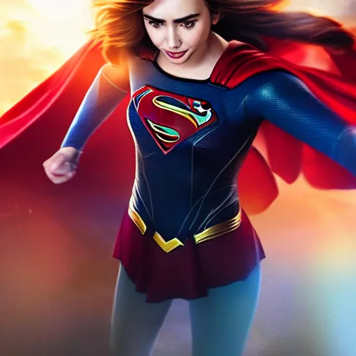 Image similar to a potrait of Lily Collins as Supergirl with man of steel suit style by Greg Rutkowski, Sung Choi, Mitchell Mohrhauser, Maciej Kuciara, Johnson Ting, Maxim Verehin, Peter Konig, 8k photorealistic, cinematic lighting, HD, high details, dramatic, trending on artstation, full body shot