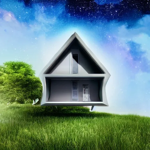 Image similar to a house floating on space galaxy