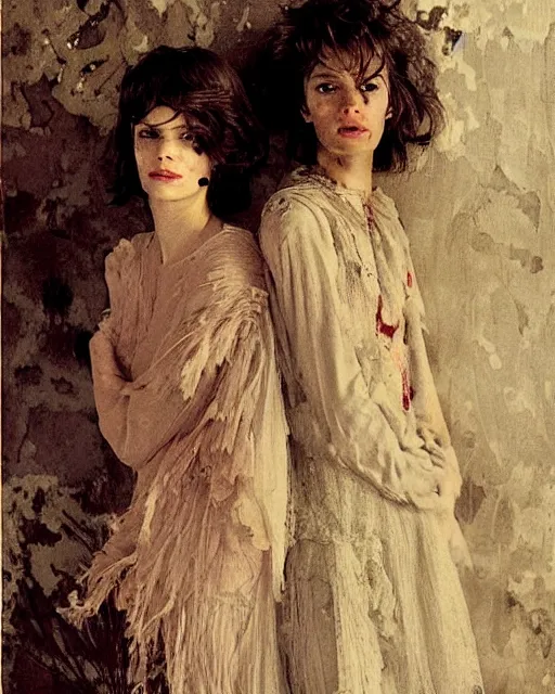 Prompt: two gorgeous but creepy siblings in layers of fear, with haunted eyes and wild hair, 1 9 7 0 s, seventies, wallpaper, a little blood, crimson moonlight showing injuries, delicate embellishments, painterly, offset printing technique, by coby whitmore, jules bastien - lepage