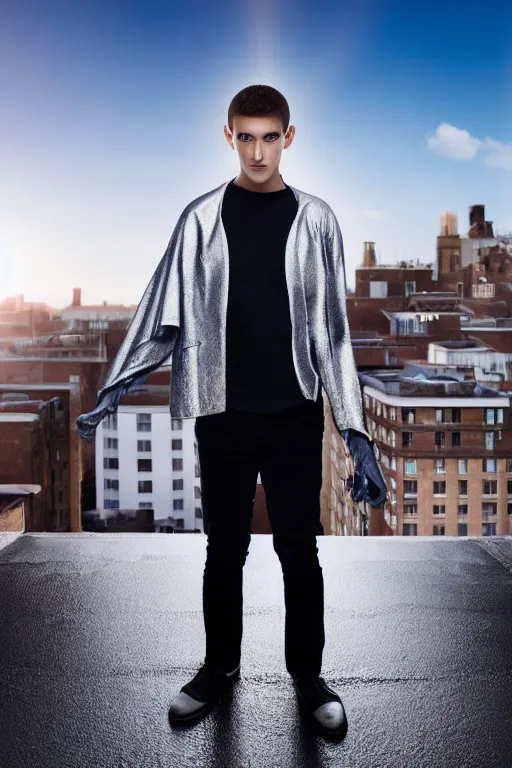 Image similar to un ultra high definition studio quality photographic art portrait of a young man standing on the rooftop of a british apartment building wearing soft padded silver pearlescent clothing. three point light. extremely detailed. golden ratio, ray tracing, volumetric light, shallow depth of field. set dressed.