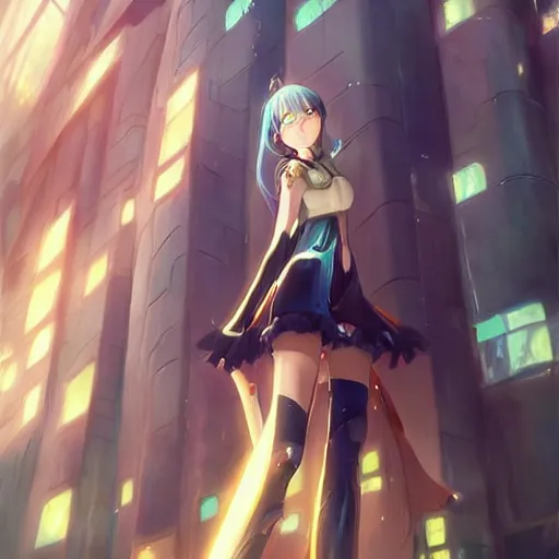 Image similar to A realistic anime painting of a beautiful female radiant knight standing in a futuristic city. digital painting by Sakimichan, Makoto Shinkai, WLOP, Rossdraws, Pixivs and , digital painting. trending on Pixiv. SFW version —H 1080 —W 1920