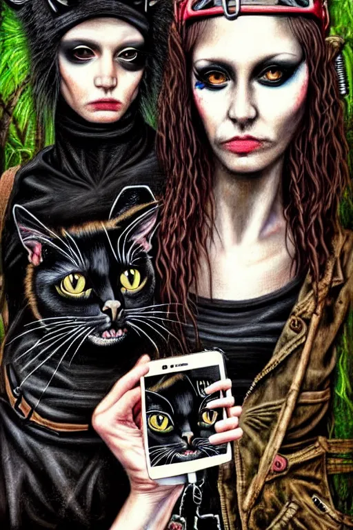 Image similar to punk rock girls making selfie with black cats in jungle , 1980 style, mad max jacket, post apocalyptic, Cyberpunk, renaissance, Gothic, mystic, highly detailed, digital painting, 4k, oil painting by Leonardo Da Vinci, hyper realistic style, fantasy by Olga Fedorova