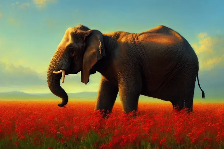 Prompt: a painting of an elephant standing in a field of red flowers by craig mullins, golden hour, trending on artstation, color field, concept art, artstation hd, matte drawing