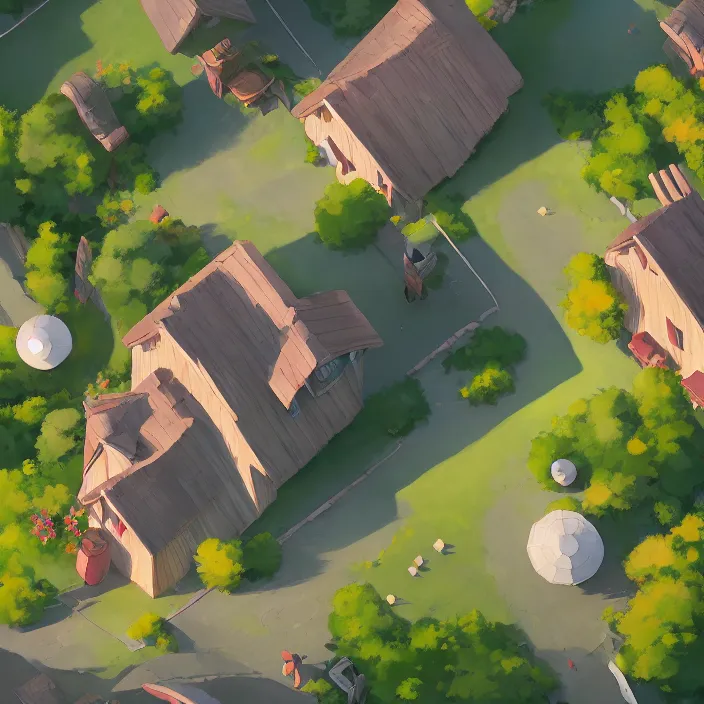 Prompt: top down view of a lovely cottage, seperated game asset, cory loftis, james gilleard, atey ghailan, makoto shinkai, goro fujita, studio ghibli, rim light, exquisite lighting, clear focus, very coherent, plain background, soft painting