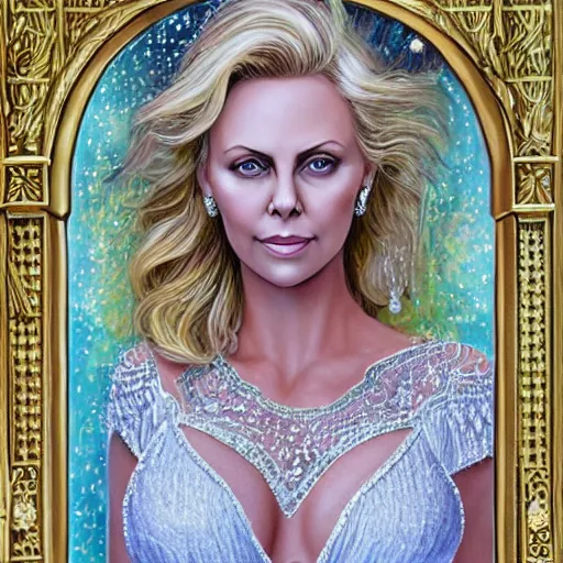 Prompt: tarot card, oil painting, ultra realistic, intricate details, charlize theron, long blond hair, white dress, elegant seductive regal, diamonds, emma frost