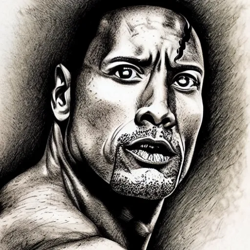 Image similar to dwayne johnson, pen and ink, stippling