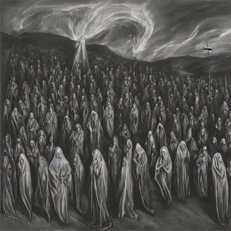 Image similar to A Holy Week procession of grim reapers in a lush Spanish landscape at night. A hooded figure at the front holds a cross. El Greco, Remedios Varo, Salvador Dalí, Zdzisław Beksiński,Carl Gustav Carus, Edward Hopper.