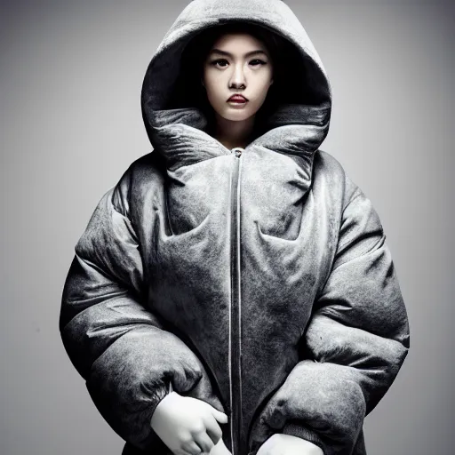 Image similar to well lit fashion shoot portrait of extremely beautiful female marble statue wearing huge over size puffer jacket by dingyun zhang, yeezy, balenciaga, vetements, a cold wall, sharp focus, clear, detailed,, cinematic, detailed, off white, glamourous, symmetrical, vogue, editorial, fashion, magazine shoot, glossy