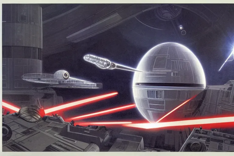 Image similar to ralph mcquarrie concept art, scene : ext death star the giant laser dish on the completed half of the death star begins to glow ; then a powerful beams shoots out toward the aerial battle.