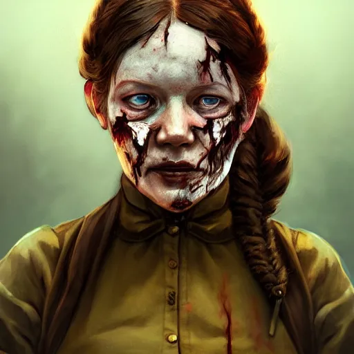 Image similar to portrait of laura ingalls as a zombie with cuts on face, 7 days to die zombie, fine art, award winning, intricate, elegant, sharp focus, cinematic lighting, highly detailed, digital painting, 8 k concept art, art by guweiz and z. w. gu, masterpiece, trending on artstation, 8 k