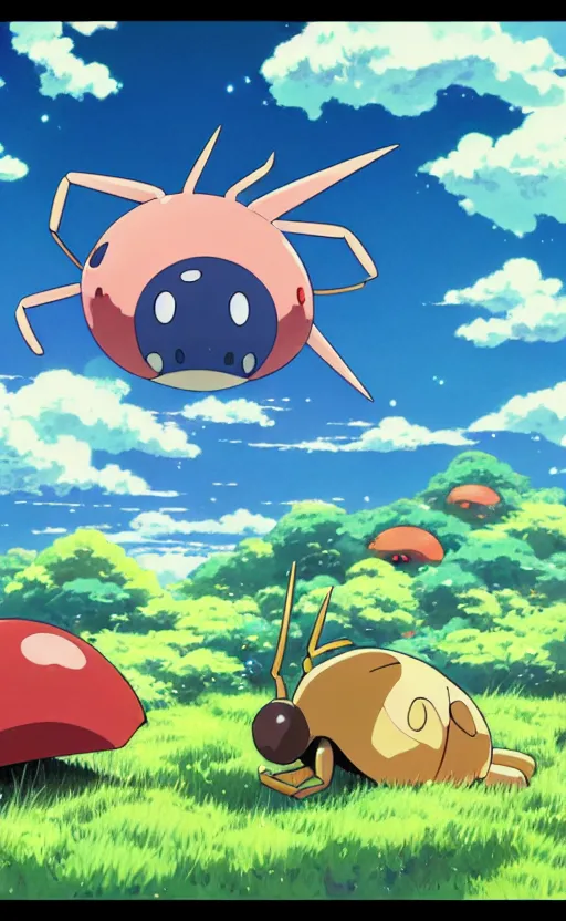 Image similar to a pocket monster go card from 1 9 5 0, illustration, clear sky background, lush landscape, concept art, anime key visual, trending pixiv fanbox, by wlop and greg rutkowski and makoto shinkai and studio ghibli and kyoto animation and ken sugimori, symmetrical facial features, cute beetle pet companion, box art