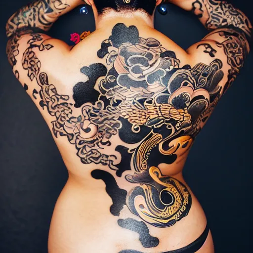 Image similar to photography of the back of a woman with a black detailed irezumi tatto representing a gold tiger with pink flowers on her entire back, mid-shot, editorial photography