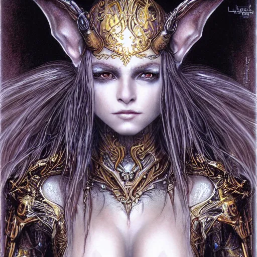 Image similar to portrait of ethereal young goblin princess in golden armour by Luis Royo