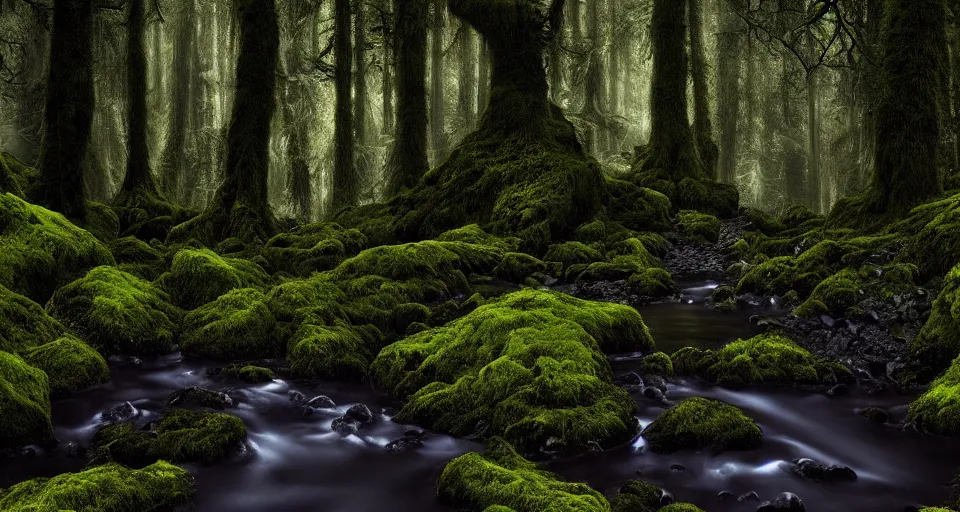 Image similar to deep inside the forest, stream, dramatic lighting, chiaroscuro, moss, ferns, epic, award winning photo by ansel adams, masterpiece, artstation