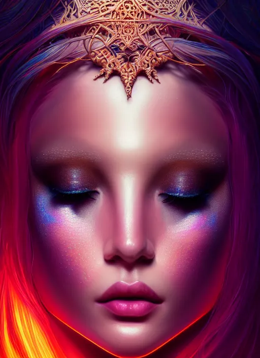 Image similar to portrait of sea queen, fantasy, rule of thirds, intricate, neon highlights, octane render, detailed, beautiful, unreal engine, symmetrical!!, loreal, maybelline, sephora, loreal, artstation, art by karol bak, art by artgerm, rossdraws, cinematic, concept art, filmic, vsco
