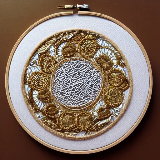 Prompt: three dimensional multilayered embroidery patterns inside a circle, intricate detail, complex, gold, silver, obsidian, white