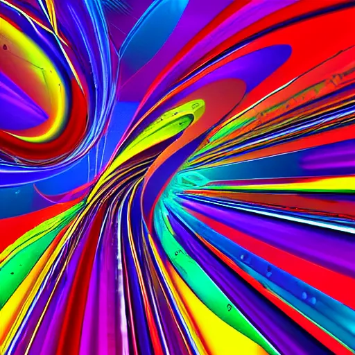 Image similar to shiny abstract digital art of a glossy cubist painting of a looping railroad interconnected with different layers of reality, network of joy, happiness, high - energy, fluid simulation, bright, intricate details, 4 k