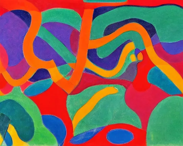 Image similar to A wild, insane, modernist landscape painting. Wild energy patterns rippling in all directions. Curves, organic, zig-zags. Saturated color. Childrens art. Matisse.