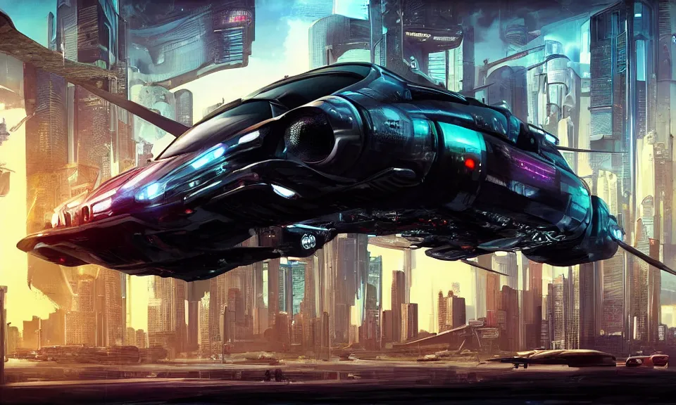 Image similar to cyberpunk, futurisric, flying, city, flying car, spaceship,