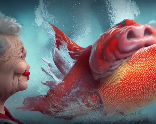 Image similar to of a very beautiful scene. ambient occlusion render. a sweet fat old woman is giving birth to a huge colorful fish. hyper realistic. 4 k. wide angle. wild, red mouth, blue eyes. deep focus, lovely scene. ambient occlusion render. concept art. unreal engine.