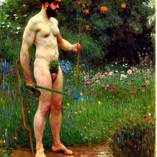 Prompt: attractive man gardening by his idyllic home, painting by tom of finland, john william waterhouse, claude monet