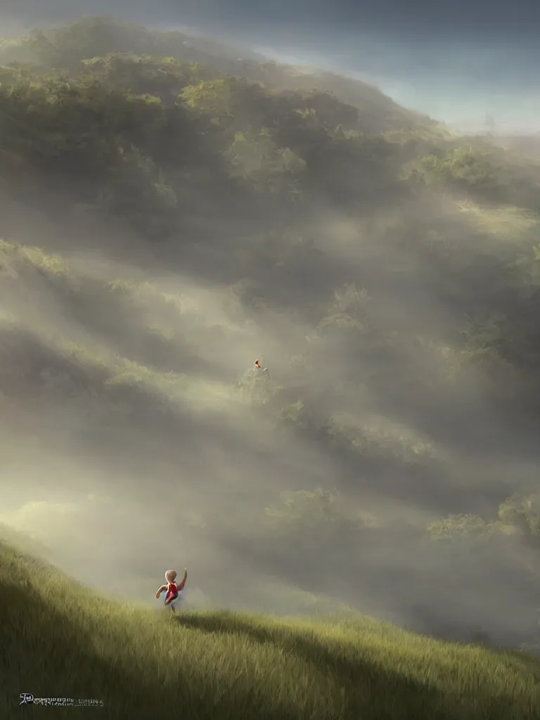 Prompt: running up a hill, by disney concept artists, blunt borders, rule of thirds, beautiful light