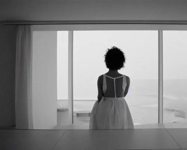 Prompt: a still of a young woman looking out from a huge white balcony of a minimalist house, outside view, low angle, clear sky, minimalist composition, in the music video Wrapped Around your Finger (1983)